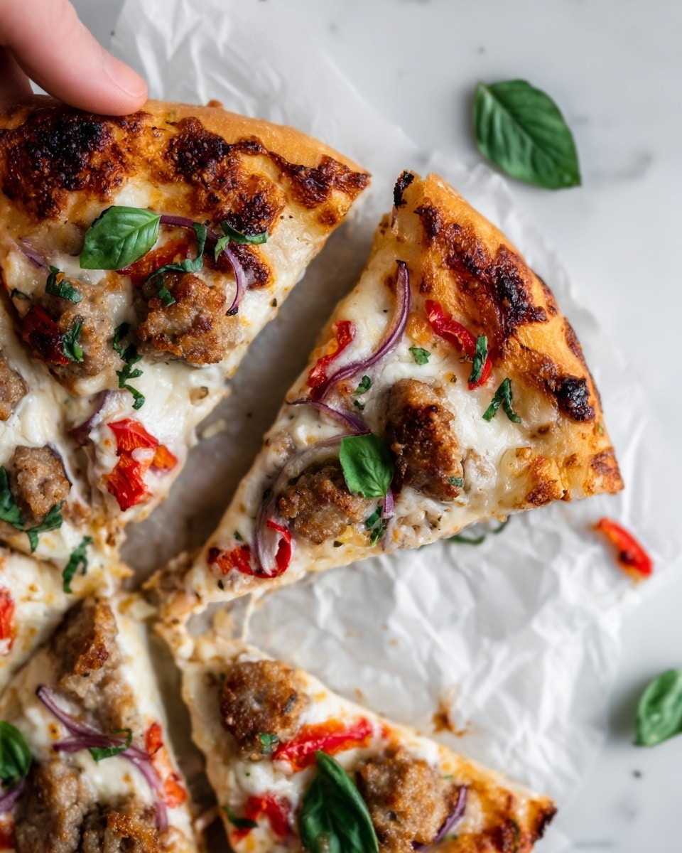 A small round pizza on a light wooden board shows a golden crust with slight char marks. The first layer is white shredded cheese spread evenly over the pizza. On top, there are thin purple onion slices arranged in loose arcs and small dollops of a crumbly, light brown topping. Bright red small peppers are scattered between the onions and crumbs. A woman's hand is placing or adjusting one of the red peppers near the bottom right edge. Around the board, small fresh green leaves, a glass jar of crushed red pepper flakes, a white bowl with sliced purple onions, a jar with more red peppers, a bunch of small red tomatoes on the vines, and a jar of pizza sauce are arranged on a surface with a white marbled texture. photo taken with an iphone --ar 4:5 --v 7