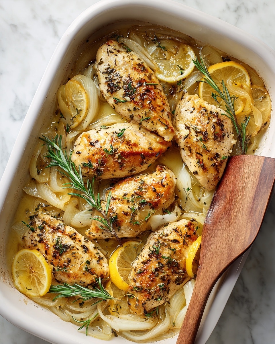 This image shows several pieces of cooked chicken with a light golden-brown color and some herbs sprinkled on top. The chicken sits over a bed of soft, translucent sliced onions. Bright yellow lemon slices are placed throughout the dish, adding pops of color. Fresh green rosemary sprigs are scattered around the chicken, adding texture and color contrast. The dish is in a white ceramic pan, with some cooking juices at the bottom, and a wooden spatula resting on one side. The background is a white marbled surface. photo taken with an iphone --ar 4:5 --v 7