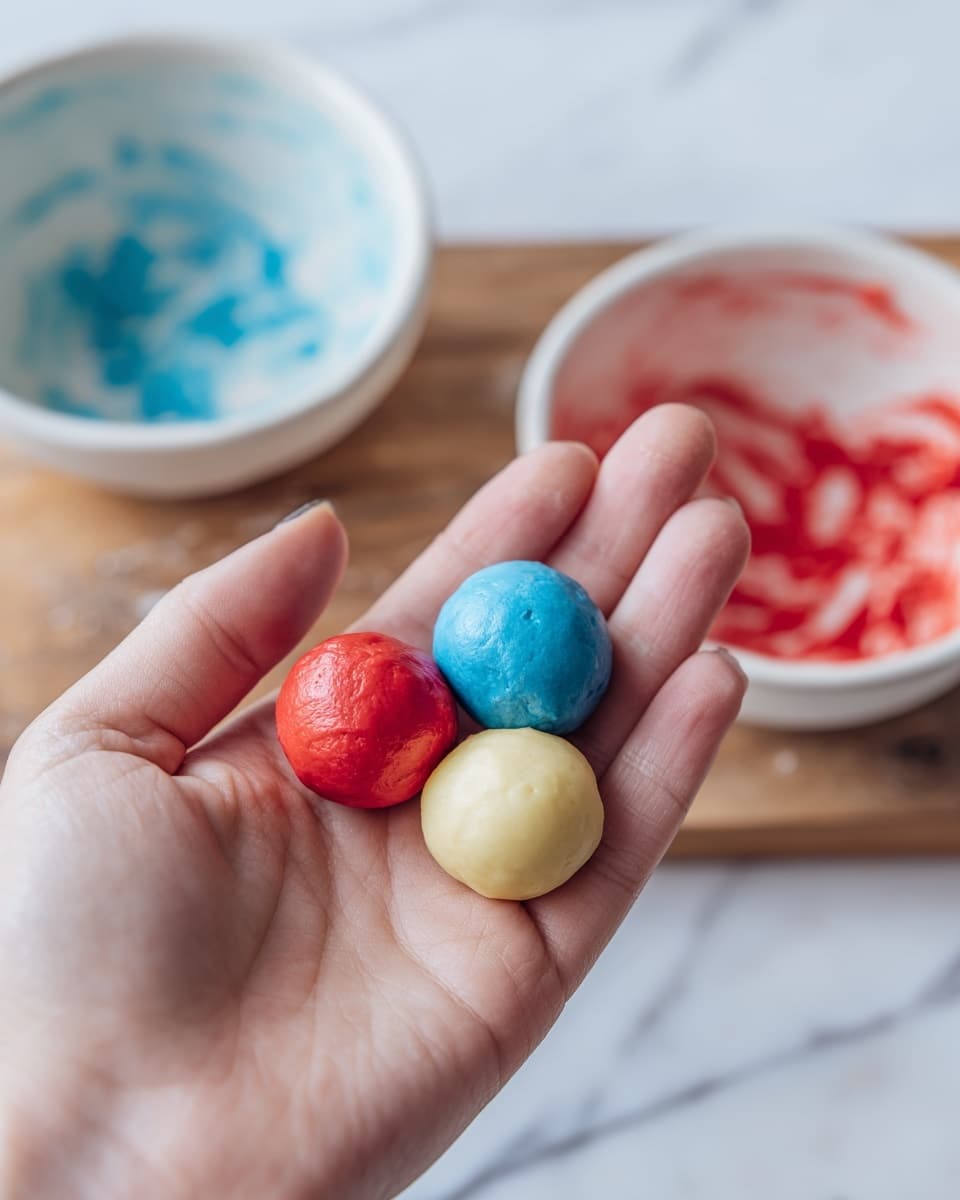 A close-up of a woman's hand holding three small balls of dough in red, blue, and pale yellow colors, positioned side by side in the palm. In the background, there are two white bowls, one with blue dough residue and the other with red dough residue inside, all set on a wooden surface that is replaced by a white marbled texture. The dough balls have a smooth and slightly shiny texture. Photo taken with an iphone --ar 4:5 --v 7