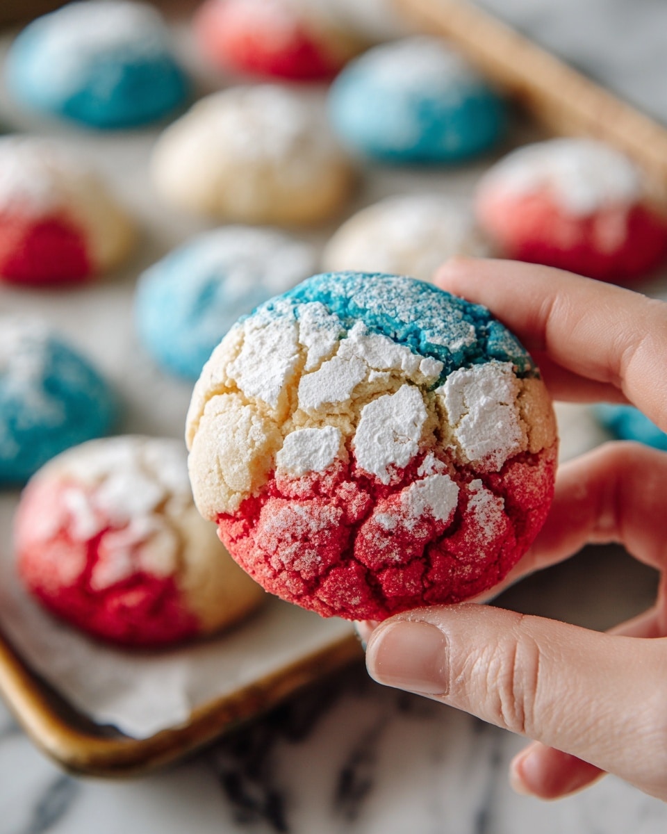 A stack of round cookies sits on a light wooden board with a white marbled texture background. The cookies have a cracked powdered sugar topping and swirl of three colors: red, blue, and plain beige dough. One cookie is cut in half and placed on top, showing a soft, crumbly inside with the colors divided into three sections—plain beige on the left, blue in the middle, and red on the right. More similar whole cookies surround the stack, with the same cracked sugar pattern and three colors visible on their curved surfaces. photo taken with an iphone --ar 4:5 --v 7