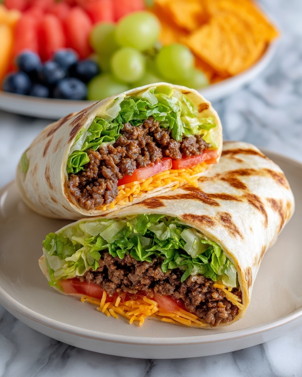 Two halves of a wrap sandwich sit side by side on a white plate with a white marbled surface. Each wrap is light beige with light grill marks and is filled with several layers: bright green lettuce leaves on top, dark brown cooked ground meat in the middle, orange shredded cheese below the meat, and bright red tomato slices at the bottom. In the blurred background, there are slices of fruit including cantaloupe, blueberries, green grapes, and some orange chips, adding color contrast to the image. The photo taken with an iphone --ar 4:5 --v 7