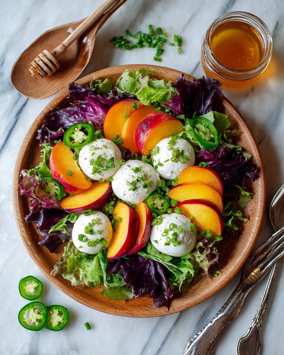 A wooden bowl filled with fresh salad layers: the bottom layer is a mix of green and dark leafy lettuce, followed by ripe, sliced peach pieces scattered evenly across. On top, three round white dollops of soft cheese sit spaced apart, each sprinkled with chopped green chives and a few slices of green jalapeño peppers. The salad is arranged with a fresh and colorful look, placed on a white marbled surface with two whole peaches and two green jalapeños in the background. photo taken with an iphone --ar 4:5 --v 7