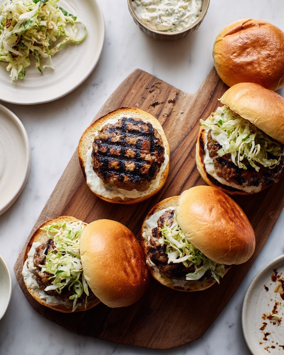 The image shows three open burger buns laid on a wooden board, each bun spread with a creamy white sauce on the top halves. Below, each bottom half holds a grilled burger patty with dark grill marks; two of these patties are topped with a heap of shredded green cabbage mixed with thin green strips, while the middle patty has no topping. The toasted buns show a golden brown color with slightly darker edges. There are also two mostly empty white plates on the white marbled surface around the board, one showing some leftover grilled bits. The scene is bright and simple, focused on the neat burger layers. photo taken with an iphone --ar 4:5 --v 7