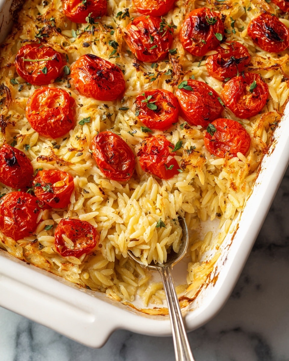 The image shows a close-up of a white rectangular casserole dish filled with a baked pasta dish. The bottom layer is made up of creamy, slightly browned orzo pasta with a lightly crisped top. Scattered over this pasta are halved, roasted cherry tomatoes that are bright red with some caramelized edges and seasoning visible, along with small green herb leaves sprinkled around the dish. A silver spoon is scooping a portion from the right side of the dish, revealing the textured pasta beneath. The dish sits on a white marbled surface. photo taken with an iphone --ar 4:5 --v 7