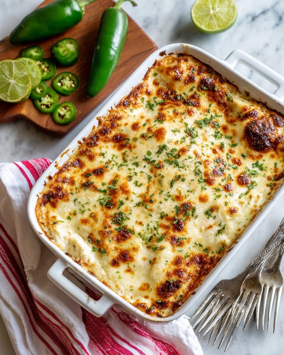 A white casserole dish filled with a baked layered dish that has a golden-brown melted cheese topping with green herbs sprinkled over it. The top layer is bubbly with browned edges, showing a mix of creamy white and light yellow colors. It sits on a white marbled surface next to a wooden board with a whole green chili and several sliced green chili pieces. A wedge of lime and a red and white striped cloth with silver forks are visible in the background. Photo taken with an iphone --ar 4:5 --v 7