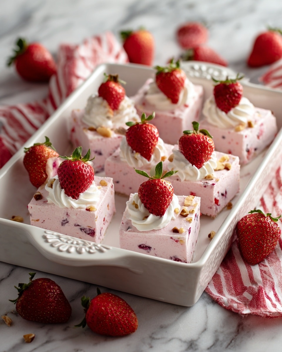 A white rectangular dish holds nine square pieces of a light pink dessert with visible small red and purple bits inside. Each square has a swirl of white cream on top, crowned by a fresh, bright red strawberry half with a green stem. The dessert pieces are sprinkled with small brown nut pieces. Around the dish, some halved and whole fresh strawberries sit on a white marbled surface, and a red and white striped cloth is partially visible. The dish has raised decorative patterns on its sides. photo taken with an iphone --ar 4:5 --v 7