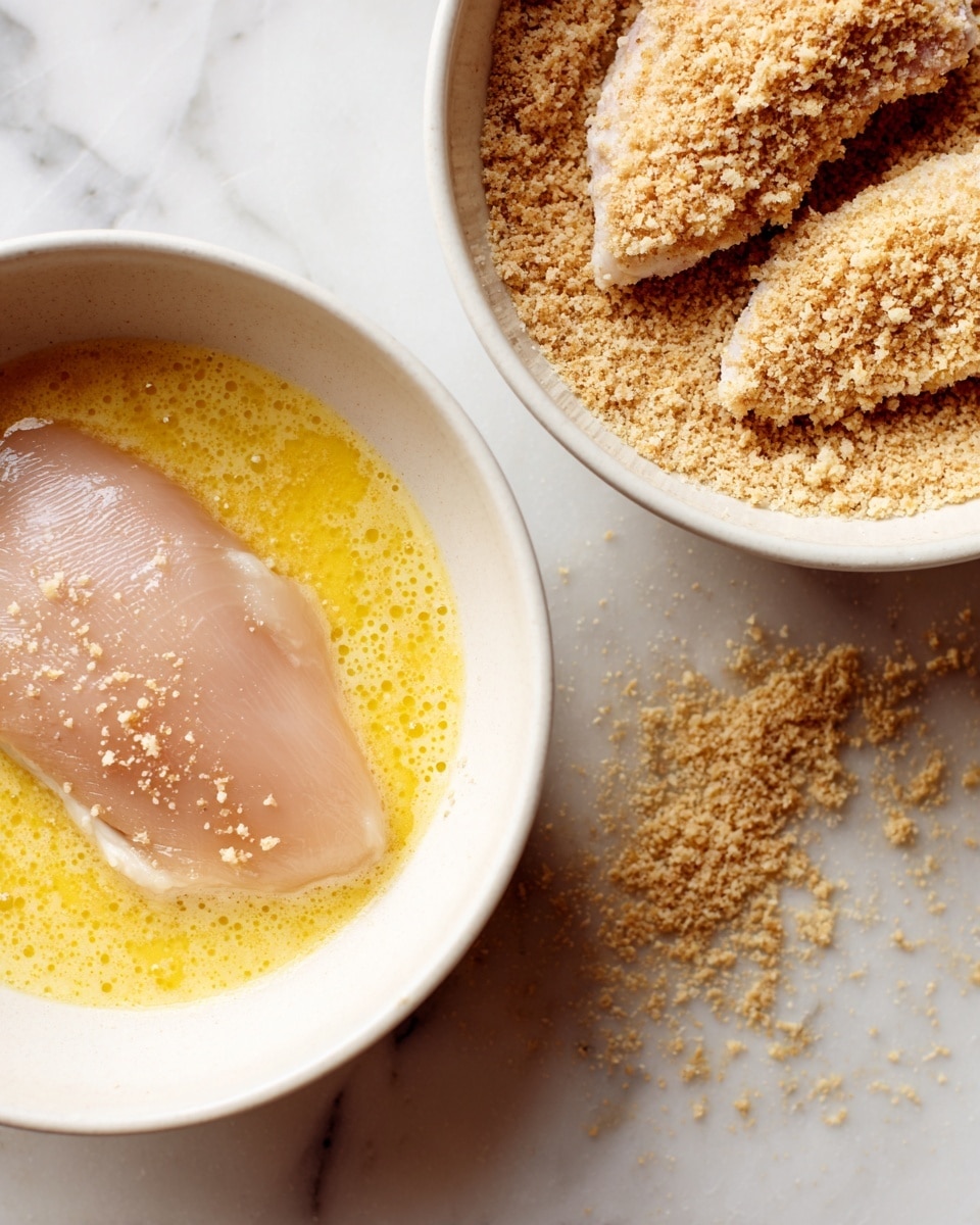 Two white bowls sit side by side on a white marbled surface. The left bowl contains a piece of raw chicken dipped halfway in a yellow, slightly bubbly beaten egg mixture, with the smooth texture of the chicken visible beneath the liquid. The right bowl holds two pieces of raw chicken coated in coarse, light brown breadcrumbs, with some loose crumbs scattered around the pieces. The colors are natural and earthy, showing the contrast between the shiny egg layer and the rough breadcrumb layer. Photo taken with an iphone --ar 4:5 --v 7