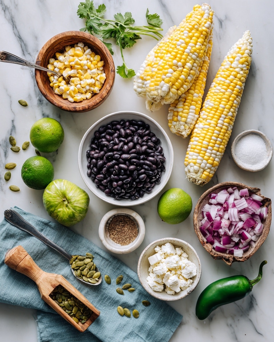 A top-down view of many fresh ingredients arranged neatly on a white marbled surface: two corn ears with yellow and white kernels, some loose yellow corn kernels in a white bowl with a wooden spoon, a wooden bowl filled with shiny black beans and a metal spoon, a white bowl with chopped purple onions, three whole green limes and one lime half, a red bell pepper, a wooden scoop of green pumpkin seeds resting on a light blue cloth, a couple of small wooden bowls containing white cheese and salt, and a tiny white bowl with some brown spices. Some sprigs of fresh green cilantro and a green jalapeño pepper are placed near the corn. The image shows a clean, colorful, and fresh setup. photo taken with an iphone --ar 4:5 --v 7