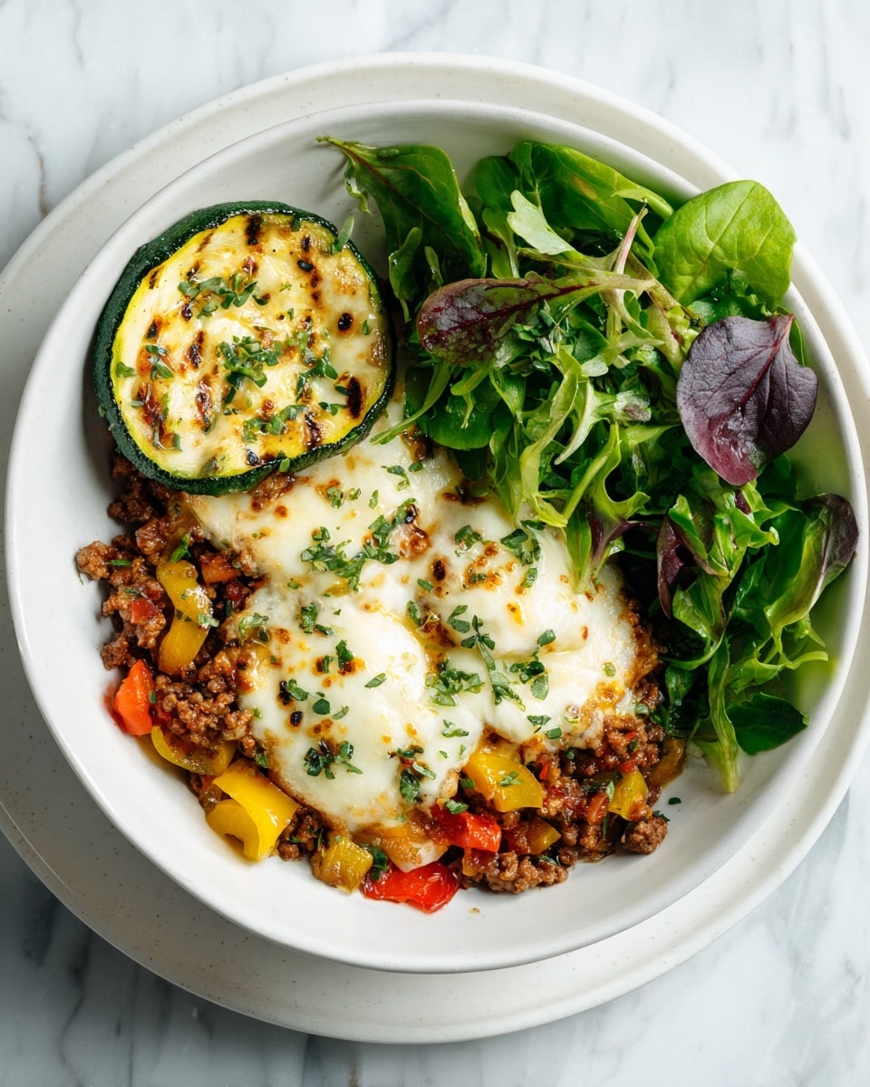 The image shows a white bowl on a white plate with a side of fresh mixed greens, all placed on a white marbled surface. Inside the bowl, there is a layered dish starting at the bottom with a mixture of ground meat and small pieces of colorful vegetables like yellow and red bell peppers. On top of this base layer, there are melted white cheese patches that look soft and slightly browned in spots. The topmost layer is a round slice of grilled zucchini with green edges, marked with small charred dots and some green herbs sprinkled over everything. The mixed greens on the side include different shades of green and purple leaves with a shiny, fresh texture. Photo taken with an iphone --ar 4:5 --v 7