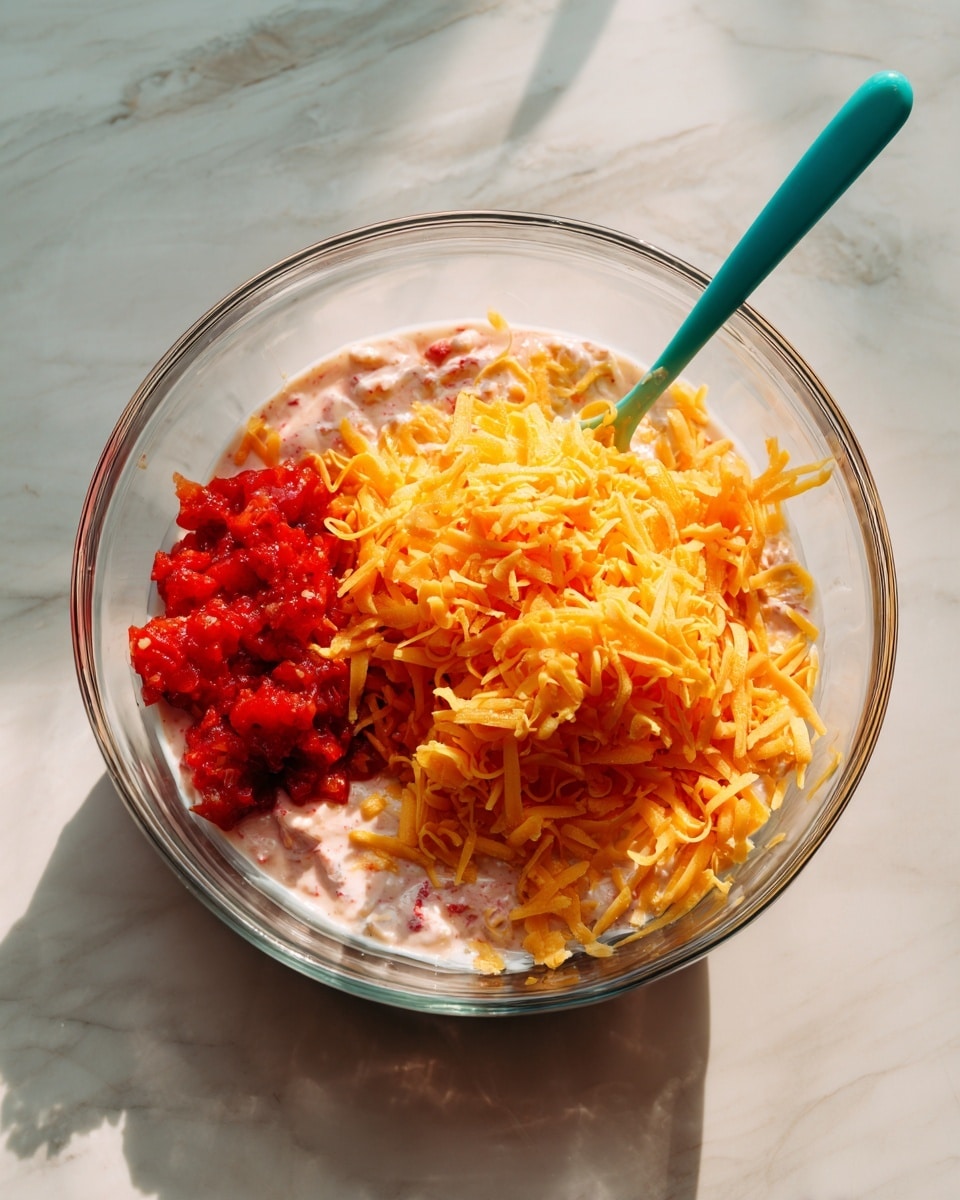 A clear glass bowl sits on a white marbled surface, filled with several layers of ingredients. The bottom layer is a light pink creamy mixture, topped with a generous heap of shredded bright orange cheese. To the side of the cheese, there is a small pile of chunky red salsa. A turquoise spoon rests inside the bowl, partly visible, adding a pop of color to the scene. The lighting is bright and natural, focusing clearly on the textures and colors of the ingredients photo taken with an iphone --ar 4:5 --v 7