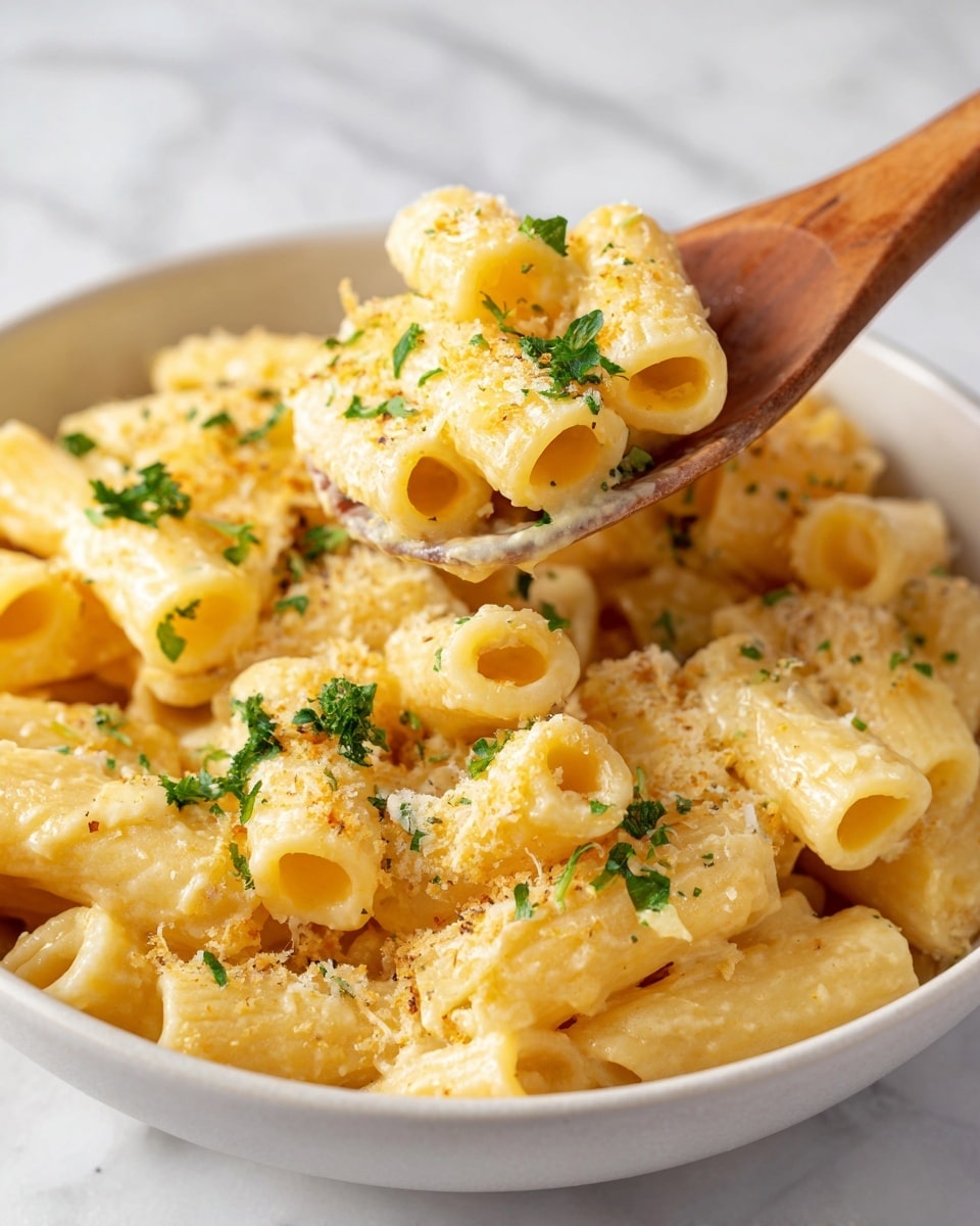 This image shows a close-up of a creamy yellow pasta dish made with small tube-shaped pasta in a white bowl. The pasta is fully coated with a smooth cheese sauce and sprinkled with grated Parmesan cheese and small pieces of green parsley scattered on top. A wooden spoon with a smooth texture is lifting a portion of the pasta, showing the rich, cheesy texture clearly. The background surface has a white marbled texture. photo taken with an iphone --ar 4:5 --v 7