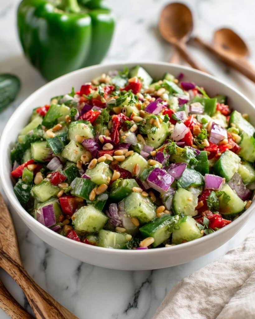 Summer Salad with Cucumbers, Bell Peppers, Hard-Boiled Eggs, and Zesty Italian Dressing Recipe