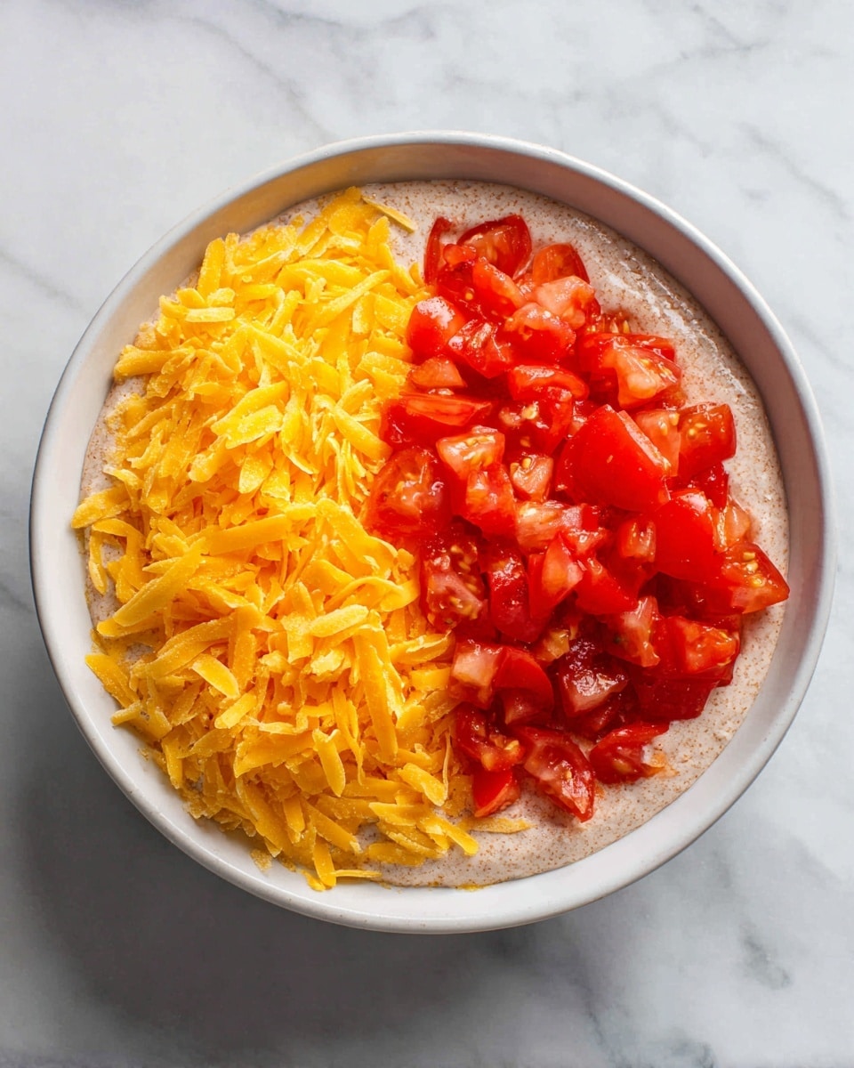 A white bowl with three layers is shown on a white marbled texture. The bottom layer is a light brown creamy base with a smooth texture, spread thinly inside the bowl. The second layer on the left side is made of bright yellow shredded cheese, thick and piled high. The third layer on the right side consists of chopped, bright red tomatoes with a juicy, slightly chunky texture. The cheese and tomatoes sit next to each other in the bowl without mixing. Photo taken with an iphone --ar 4:5 --v 7