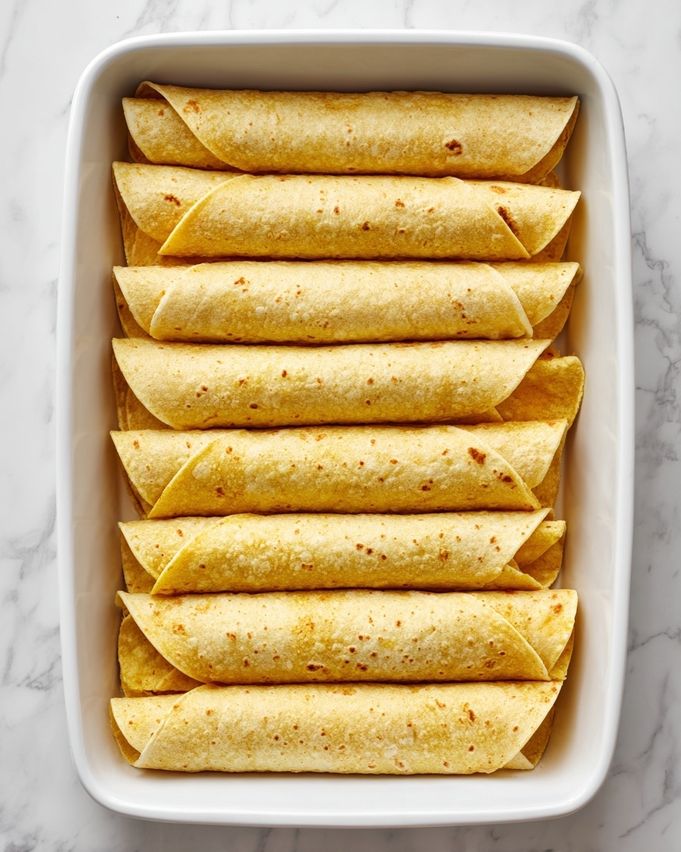 The image shows a white baking dish filled with ten rolled tortillas neatly lined up in two rows. The tortillas are golden yellow with a slightly rough texture and light specks from spices or cornmeal. Each tortilla has a faint pattern of diagonal lines across its surface. The dish is placed on a white marbled surface that adds a clean and bright look to the scene. There are no other layers visible besides the tortillas inside the dish photo taken with an iphone --ar 4:5 --v 7