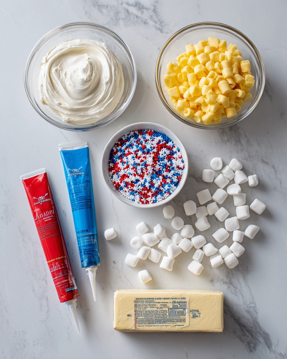 The image shows ingredients arranged on a white marbled surface. There are two clear glass bowls at the top: one on the left with smooth white frosting and the one on the right filled with yellow cereal pieces. Below them, there is a small white bowl holding red, white, and blue star and ball sprinkles. Next to the small bowl, two tubes of food coloring lie on the surface, one blue on the left and one red on the right, both with their nozzles open. Scattered around and beneath the coloring tubes are many small white marshmallows. At the bottom, there is a wrapped stick of butter in a pale yellow wrapper labeled