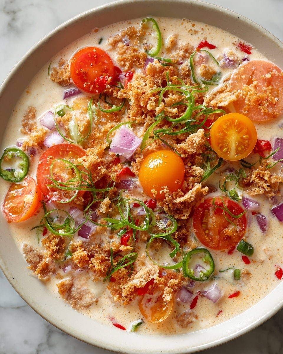 This dish shows one main layer of light brown soft rice porridge that looks creamy and thick. On top, there are scattered bright red and orange cherry tomato halves with shiny surfaces, small pieces of crispy light tan pork cracklings, chopped purple onions, tiny slices of red chili, and fresh thin green scallions. The colors and textures sit mixed together on a white marbled surface, creating a fresh and layered look. photo taken with an iphone --ar 4:5 --v 7