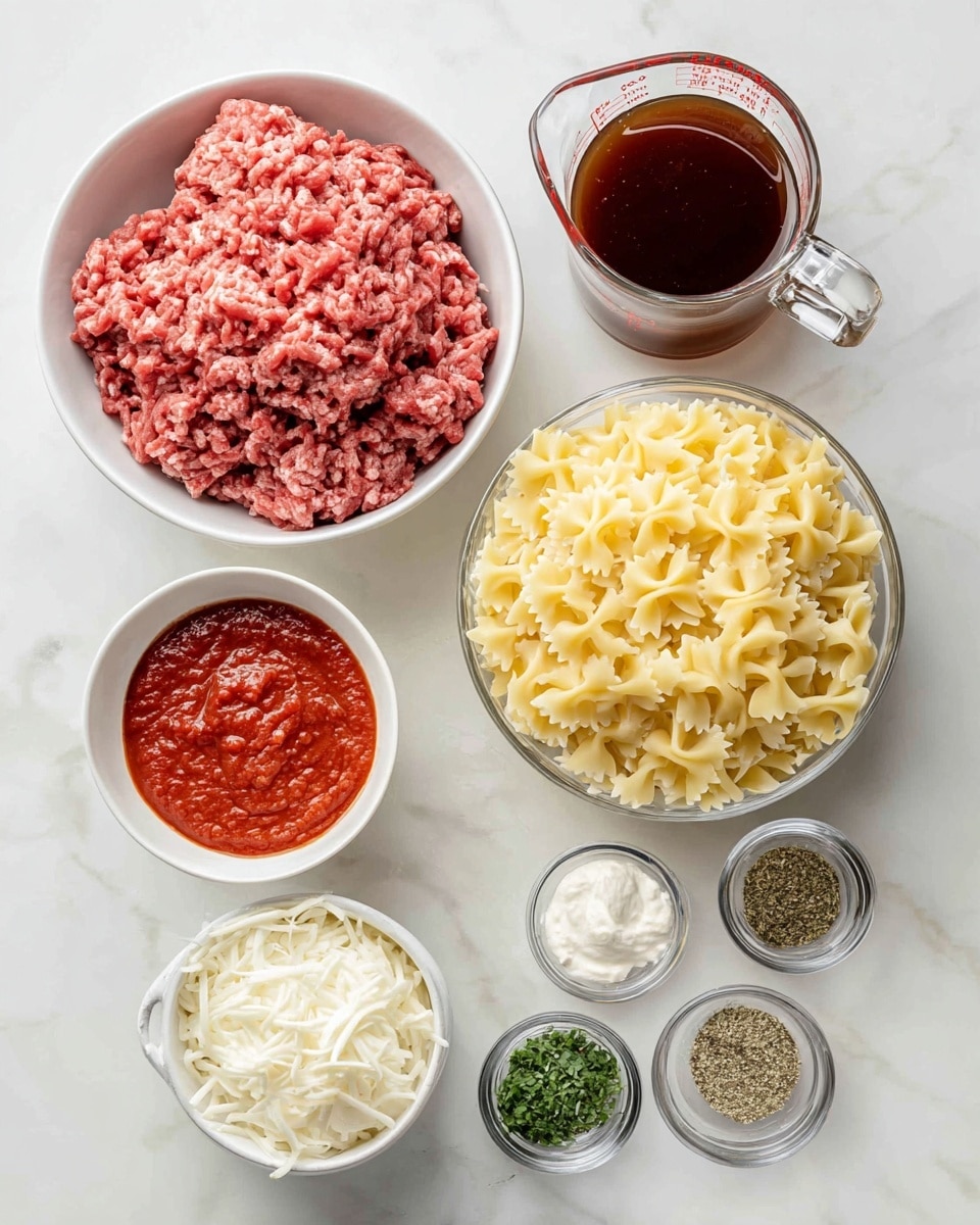 The image shows various cooking ingredients arranged on a white marbled surface. At the back, two clear glass measuring cups hold liquids; the left cup is filled with a bright red sauce, and the right cup contains a dark brown liquid. Near the center right, a clear glass bowl is filled with yellow bow-tie pasta shapes. In the front row, three white bowls are visible: the left bowl holds raw ground meat in a pinkish-red color, the center bowl contains shredded white cheese, and the three small metal bowls at the very front hold different dried herbs and seasonings in green, light yellow, and white colors. The whole setup looks clean and arranged for cooking preparation, photo taken with an iphone --ar 4:5 --v 7