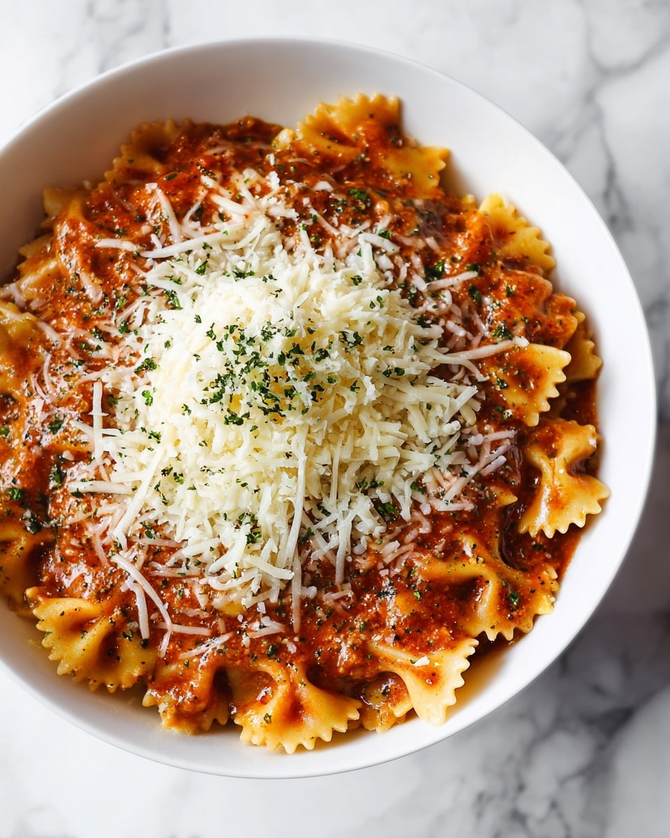 A close-up view of a white bowl filled with bowtie pasta in thick, reddish-brown meat sauce that is speckled with black pepper and herbs. The pasta and sauce fill the bowl almost to the top, with a mound of finely shredded white cheese resting in the center, slightly melting into the sauce. The texture of the sauce is smooth with visible pieces of ground meat and small bits of vegetables. The scene is set on a white marbled surface. photo taken with an iphone --ar 4:5 --v 7