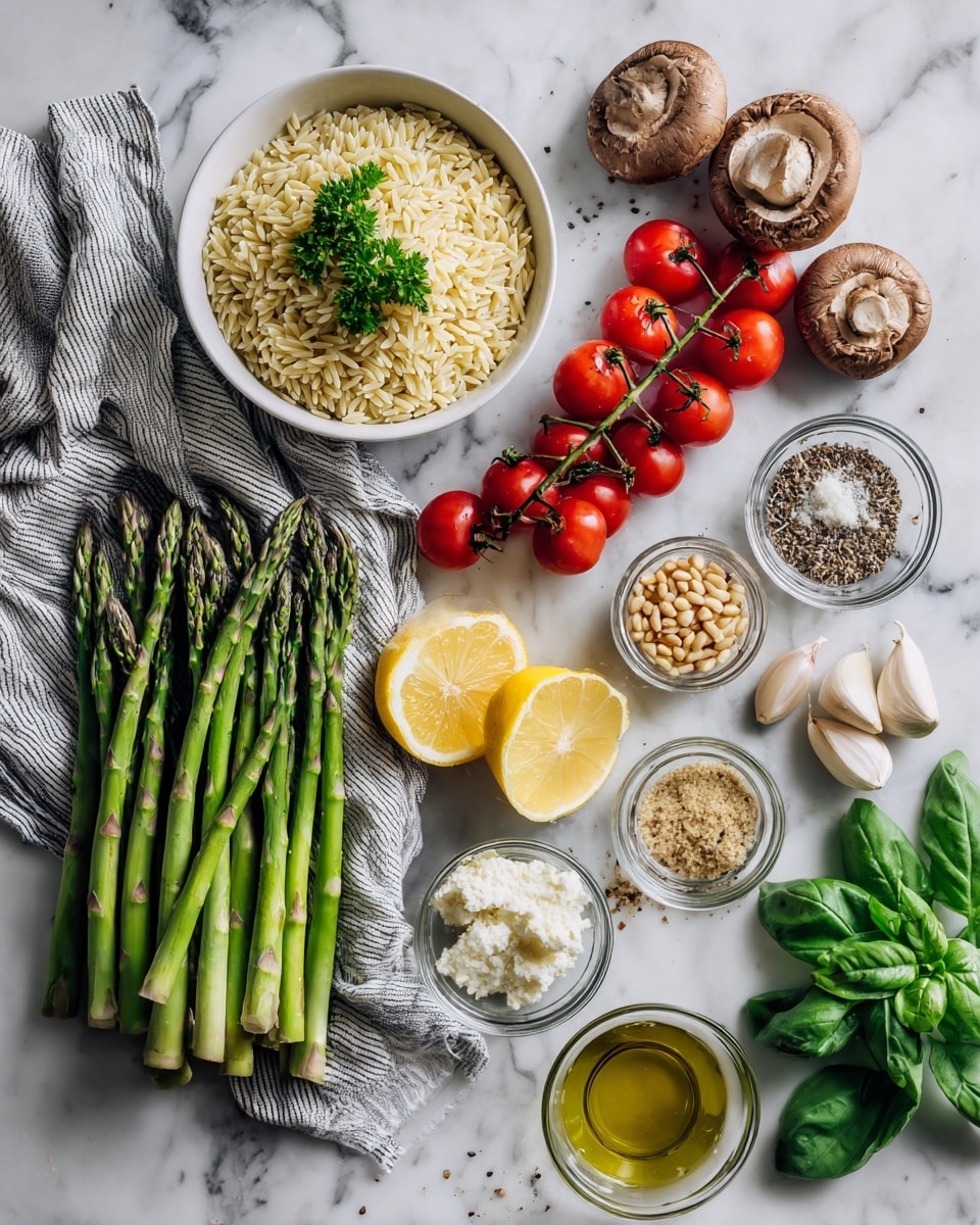 The image shows a neat arrangement of fresh ingredients on a dark wooden surface covered partly with a blue striped cloth. On the cloth towards the left side, there is a bunch of green asparagus and two clusters of bright red cherry tomatoes, next to two lemon halves glowing yellow. Above the lemons is a white bowl filled with uncooked orzo pasta topped with a bunch of fresh green parsley. On the wooden surface to the right are small glass bowls containing light pine nuts, a mix of salt and pepper, finely chopped green onions, and crumbled white cheese. Nearby are four whole brown mushrooms, two garlic cloves, a halved shallot with pinkish skin, a clear bowl of golden olive oil, and a cluster of large fresh green basil leaves. Scattered colorful mini bell peppers in shades of yellow, orange, and red complete the fresh and vibrant setup. The whole scene rests on a white marbled background. Photo taken with an iphone --ar 4:5 --v 7