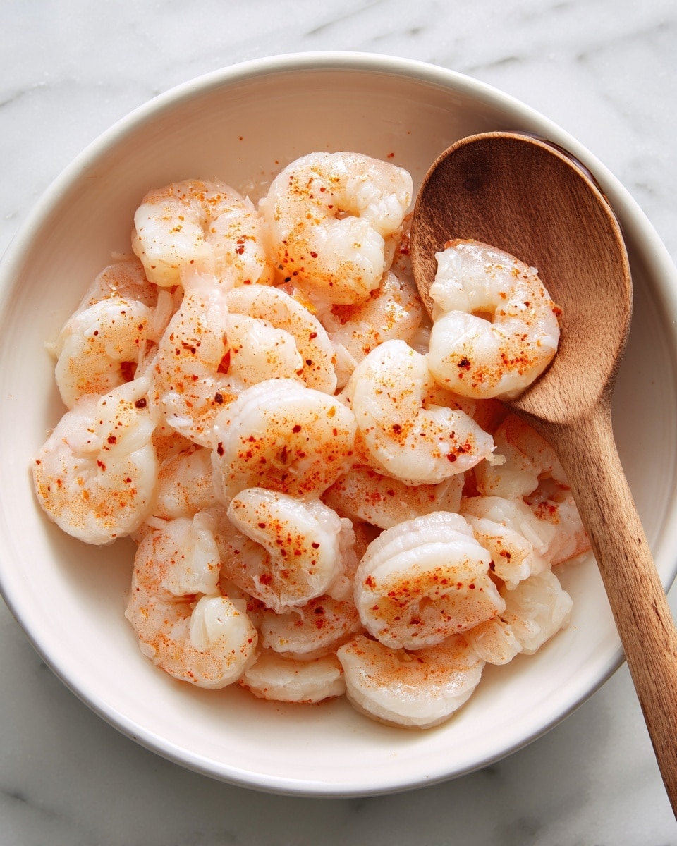 A white bowl filled with a single layer of raw shrimp, each shrimp showing a pale pink color with a light sprinkle of reddish seasoning on top, giving some parts an orange tint. The shrimp are arranged closely together, slightly overlapping. A wooden spoon rests inside the bowl on the right side. The bowl sits on a white marbled surface. photo taken with an iphone --ar 4:5 --v 7