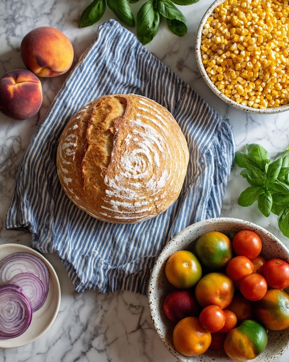 A round loaf of bread with a golden crust and white flour spirals on top sits on a blue and white striped cloth in the center of a white marbled surface. To the upper right, there is a white bowl filled with bright yellow corn kernels. Below the bread, a large textured white bowl holds a mix of colorful round tomatoes in red, green with stripes, and orange, along with two peaches with a soft pink and yellow skin. To the left, a small white plate has thin rings of light purple onion. Fresh green basil leaves are placed near the top right edge of the scene. Photo taken with an iphone --ar 4:5 --v 7