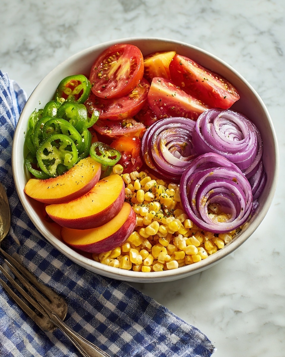 A white bowl holds a fresh salad made of four layers: the bottom layer is small yellow corn pieces scattered throughout, the second layer consists of thick slices of red tomatoes and green tomatoes, the third layer is thin rings of purple-red onion resting loosely on top, and the top layer features wedges of yellow peach placed unevenly around the bowl. The bowl sits on a white marbled surface with a blue and white checkered cloth nearby. photo taken with an iphone --ar 4:5 --v 7