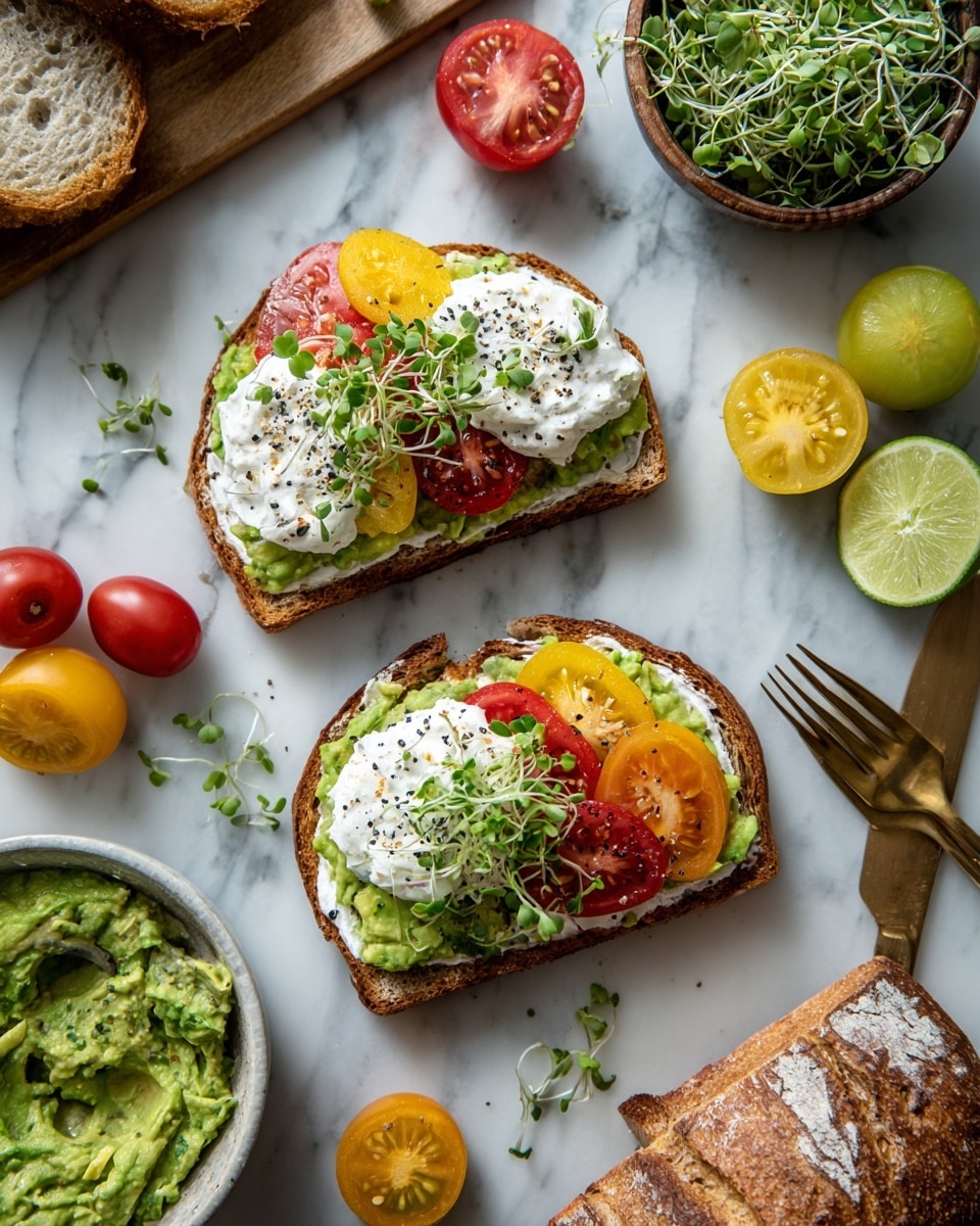 Two slices of toasted bread with a white spread base are topped with a layer of green mashed avocado, followed by slices of red and yellow tomatoes. Each toast is finished with a dollop of white cream, sprinkled with black pepper, and garnished with fresh green microgreens. Around the toasts, there are whole and sliced tomatoes in red, yellow, and green hues, a halved lime, a bowl with more green mashed avocado and a gold fork, and a loaf of crusty bread, all set on a white marbled surface. photo taken with an iphone --ar 4:5 --v 7