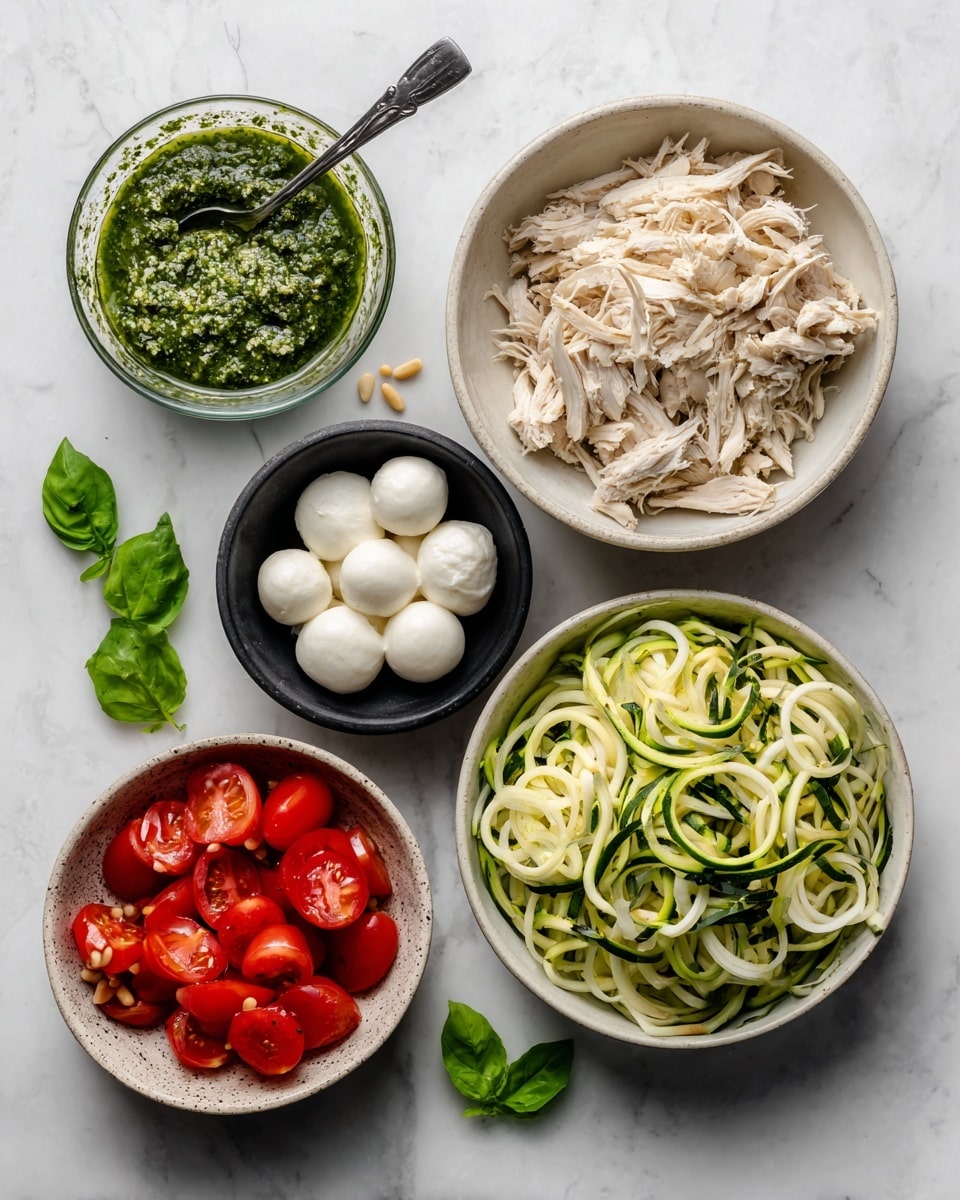 The image shows six bowls with different ingredients placed on a white marbled surface. The largest bowl, at the top right, is filled with green and light yellow spiral-shaped zucchini noodles with a curly texture. Next to it, on the right side, there is a white bowl full of shredded light beige cooked chicken with rough edges. Below that, a small black bowl contains tight, smooth, pale yellow pine nuts. To the left of the pine nuts, a speckled beige bowl holds smooth, round white mozzarella balls. Above the mozzarella, there is a clear glass bowl with green pesto sauce, which looks smooth with tiny pieces, and a silver spoon sticking out of it. Lastly, a white bowl at the bottom left contains bright red grape tomatoes cut in halves, with shiny and juicy textures. Fresh green basil leaves are placed beside the pesto bowl. Photo taken with an iphone --ar 4:5 --v 7