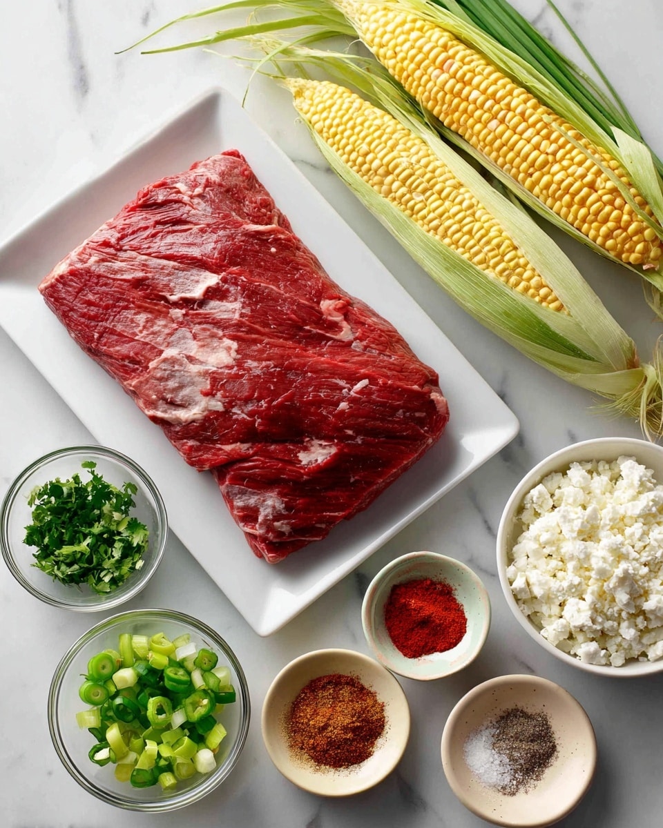 A top-down view of various fresh ingredients placed on a white marbled surface, featuring a large piece of red raw flank steak on a long white rectangular plate on the left; a whole ear of yellow corn with some green husks attached on the right; a small white bowl filled with light green lime juice beneath the steak; a small glass bowl with chopped bright green cilantro next to the lime juice; a small white bowl with crumbled white feta cheese at the top right; a small white bowl with bright red chili powder, dark red smoked paprika, and off-white garlic powder at the middle right; a small white bowl with bright green diced jalapeño at the top center; a small clear bowl with sliced green onions at the top left; a small beige round dish in the center with salt, black pepper, and brown cumin powder; the ingredients are neatly arranged and clearly visible, photo taken with an iphone --ar 4:5 --v 7