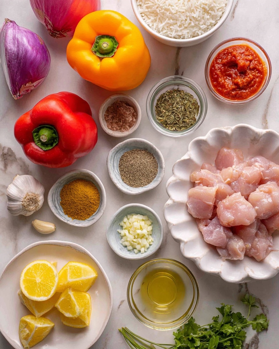 The image shows a top view of a cooking preparation with several small white bowls and plates arranged on a white marbled surface. The main focus is a white scalloped bowl filled with raw light pink chicken pieces near the top right. Surrounding it are small bowls filled with various ingredients: bright red tomato paste, bright yellow lemon slices on a white plate, an earthy brown spice powder, black pepper, coarse salt, dried herbs, a pale yellow paste, a small glass bowl of clear liquid, and minced garlic in a mixture. Near the edges are whole colorful bell peppers in red, orange, and yellow, a purple onion half at the top left, garlic cloves, fresh green herbs, and a white bowl of cooked white rice. The arrangement is colorful and inviting, showing fresh and natural ingredients. photo taken with an iphone --ar 4:5 --v 7