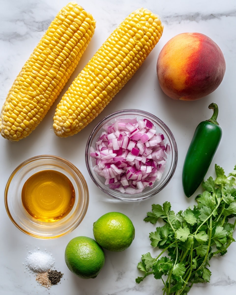 The image shows fresh cooking ingredients arranged neatly on a white marbled surface: two bright yellow ears of corn placed side by side at the top left, a round peach with a smooth orange and red skin at the top right, a small clear glass bowl in the middle holding finely chopped red onion pieces in white and purple colors, a green jalapeño pepper lying diagonally to the right of the onion, a small clear glass bowl of golden honey at the bottom left, two whole green limes close together below the onion bowl, a small pile of white salt and a small pile of black pepper on the left side near the limes, and a bunch of fresh green cilantro leaves at the bottom right. Each ingredient stands out clearly against the light background. photo taken with an iphone --ar 4:5 --v 7