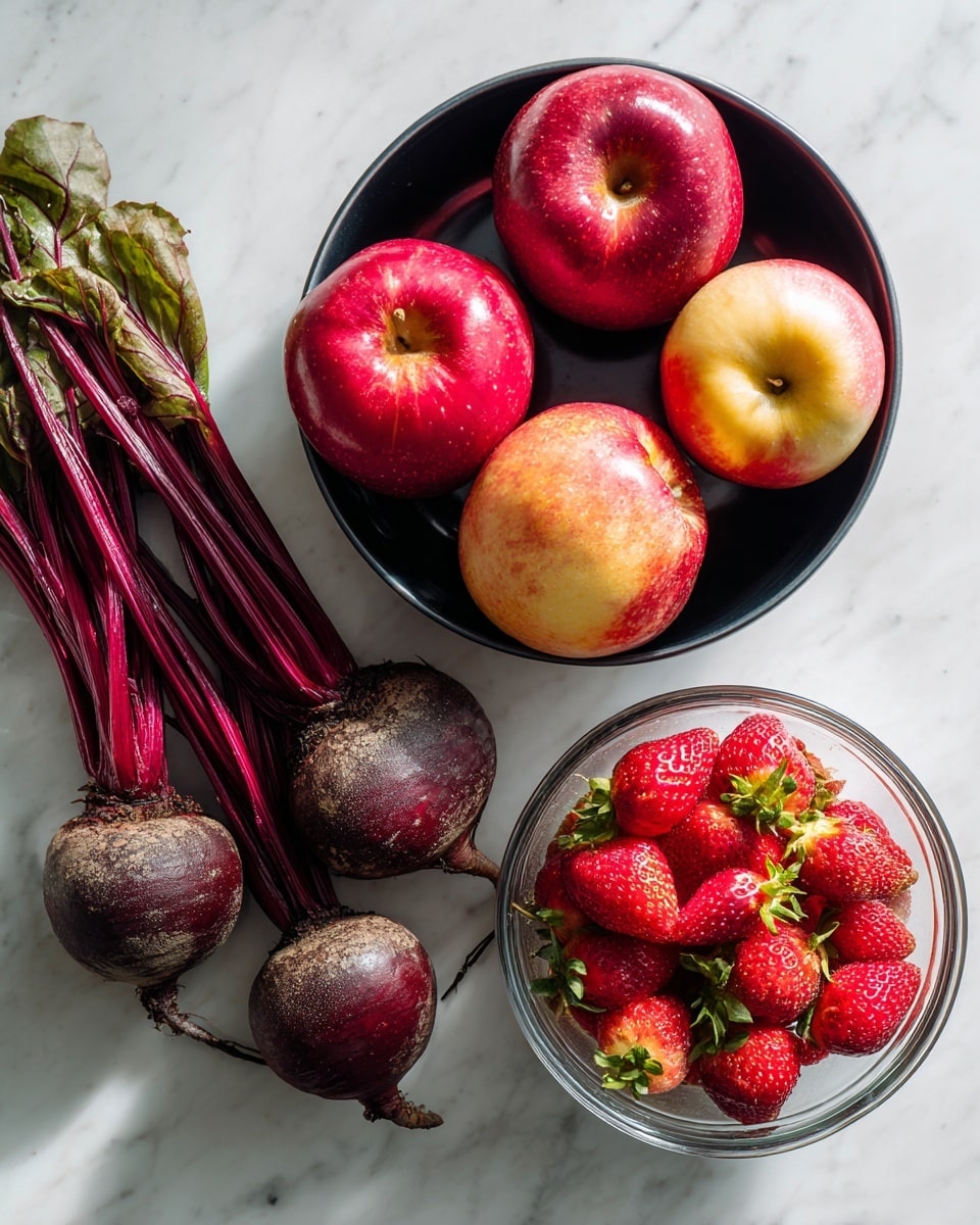 A white marbled surface holds fresh fruits and vegetables arranged in a simple layout: at the top right, a black bowl filled with five red and yellow apples with smooth skin; to the left of the apples, three beetroots with deep purple bulbs and leafy green stems extending out; and below the apples, a transparent glass bowl containing bright red strawberries with green tops showing vibrant texture, all displayed naturally without any extra decoration. photo taken with an iphone --ar 4:5 --v 7