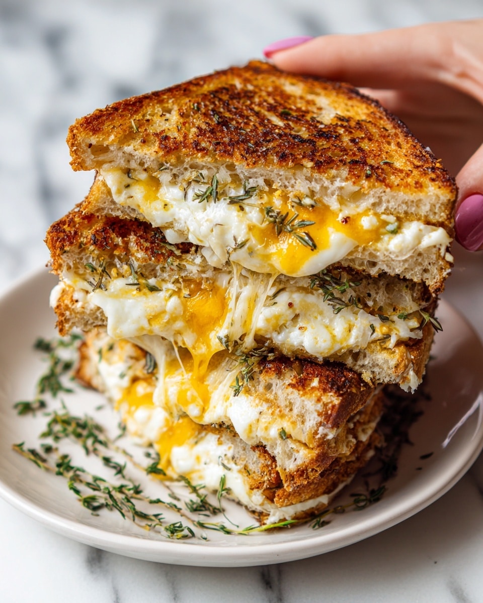 A close-up of a grilled sandwich is held by a woman's hand showing three visible layers inside; the top and bottom layers are toasted bread with a golden-brown crispy texture, and the middle layer contains melted white cheese with a soft, stringy texture mixed with melted yellow cheese, all sandwiched together. The sandwich is above a white plate with green herb sprinkles on a white marbled surface. The photo taken with an iphone --ar 4:5 --v 7