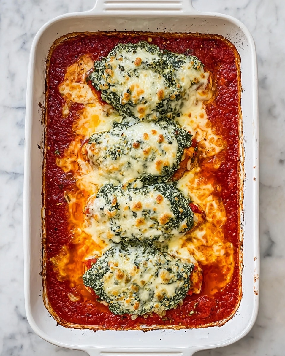 A white rectangular baking dish filled with a layered meal starting with a base of thick red tomato sauce around the edges. On top, there are three pieces of light-colored chicken arranged vertically. Each piece is topped with a green creamy spinach mixture, followed by a layer of melted golden and slightly browned cheese covering the spinach and chicken. The edges show some sauce bubbling and cheese that has slightly browned from baking, all set on a white marbled surface. Photo taken with an iphone --ar 4:5 --v 7