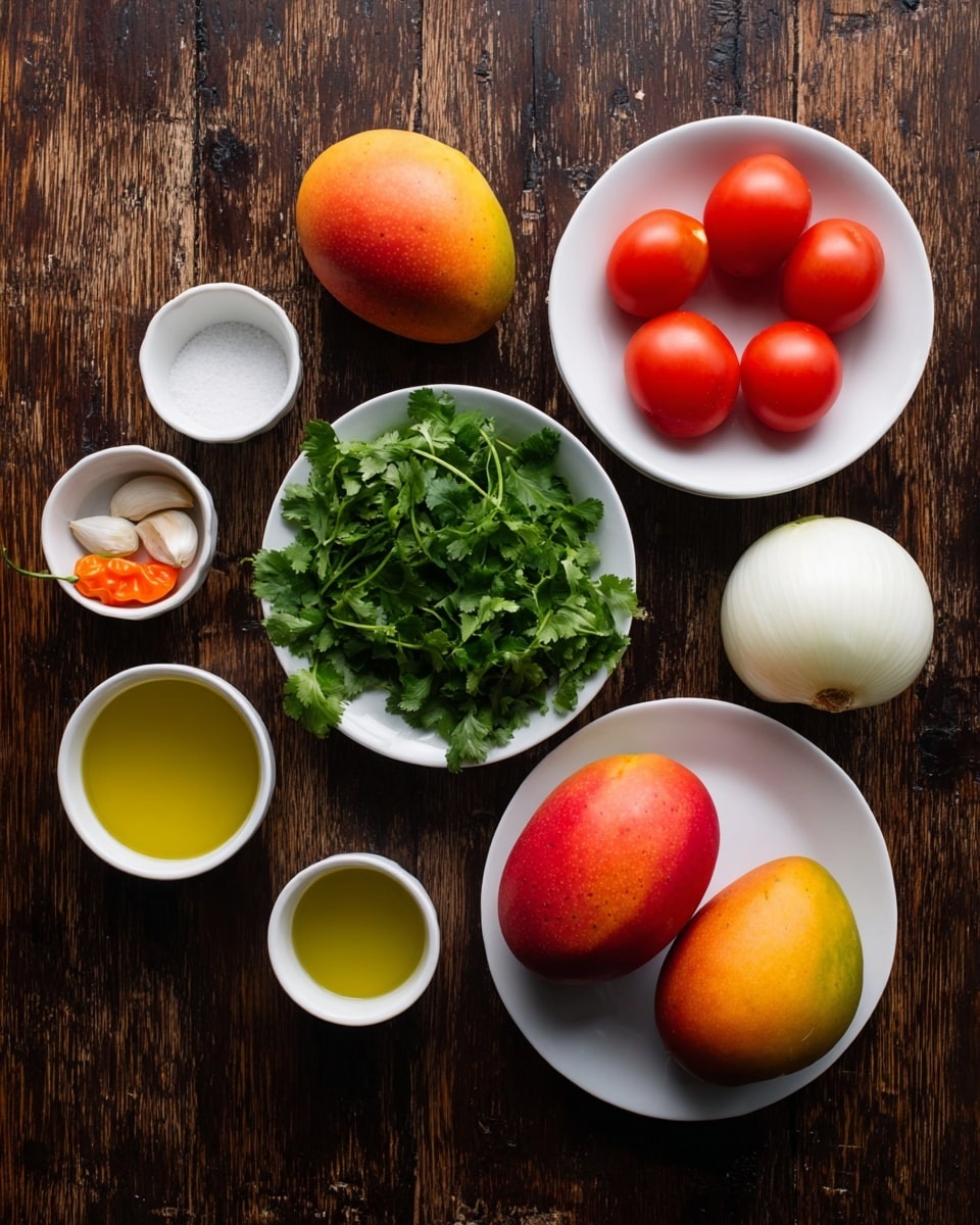 The image shows several white bowls and plates arranged on a dark wooden surface with a white marbled texture. There are two ripe mangoes with colorful red and yellow skin on one white plate. Another white plate holds four red tomatoes. A white bowl contains fresh green cilantro leaves, while two smaller white bowls hold two garlic cloves and a small amount of salt. Two orange habanero peppers are in a small white bowl. There are two small white cups with yellow and light green liquids, possibly oil and lime juice. Lastly, a half white onion is placed near the cups. The scene is well lit, showing sharp colors and textures of the fresh ingredients. Photo taken with an iphone --ar 4:5 --v 7