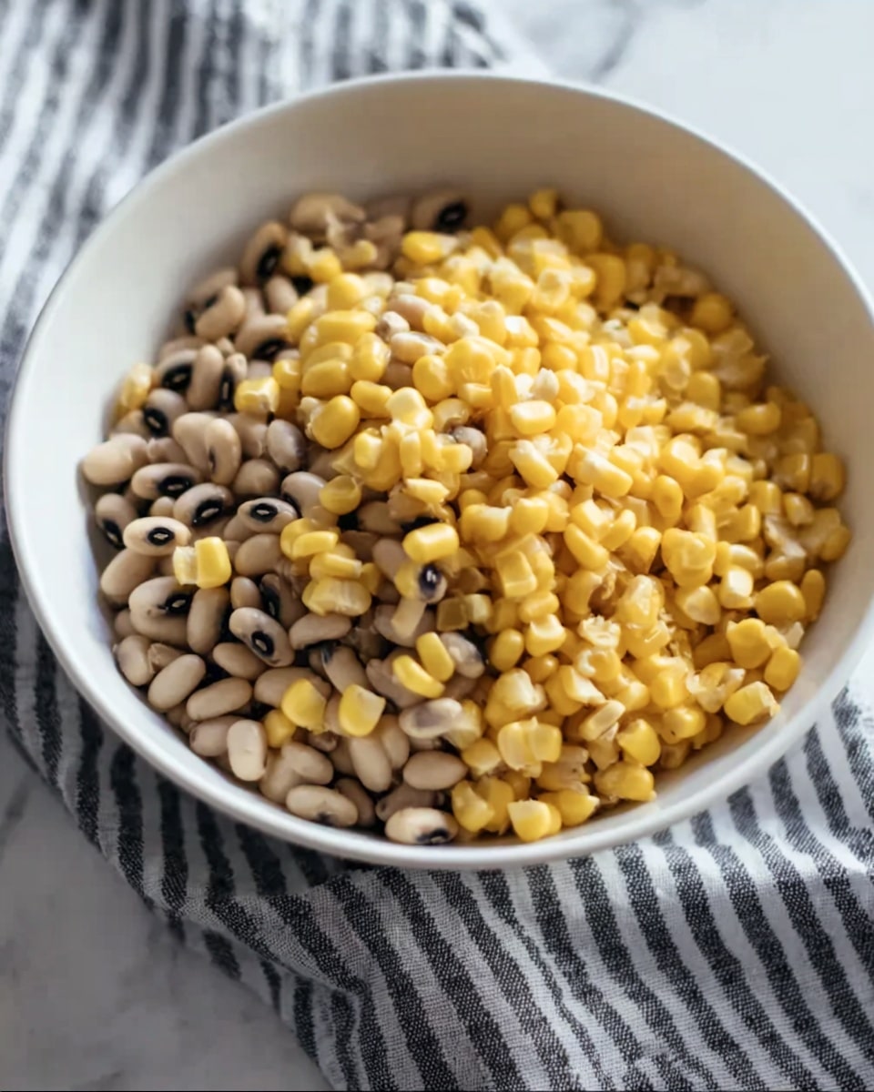 A close-up of a white bowl filled with two layers of food: the bottom layer is a mix of beige and black-eyed beans, while the top layer is bright yellow corn kernels. The bowl sits on a gray cloth with white stripes, all set against a white marbled texture. The image is bright and clear, showing the smooth and slightly shiny texture of the corn and the matte finish of the beans. photo taken with an iphone --ar 4:5 --v 7