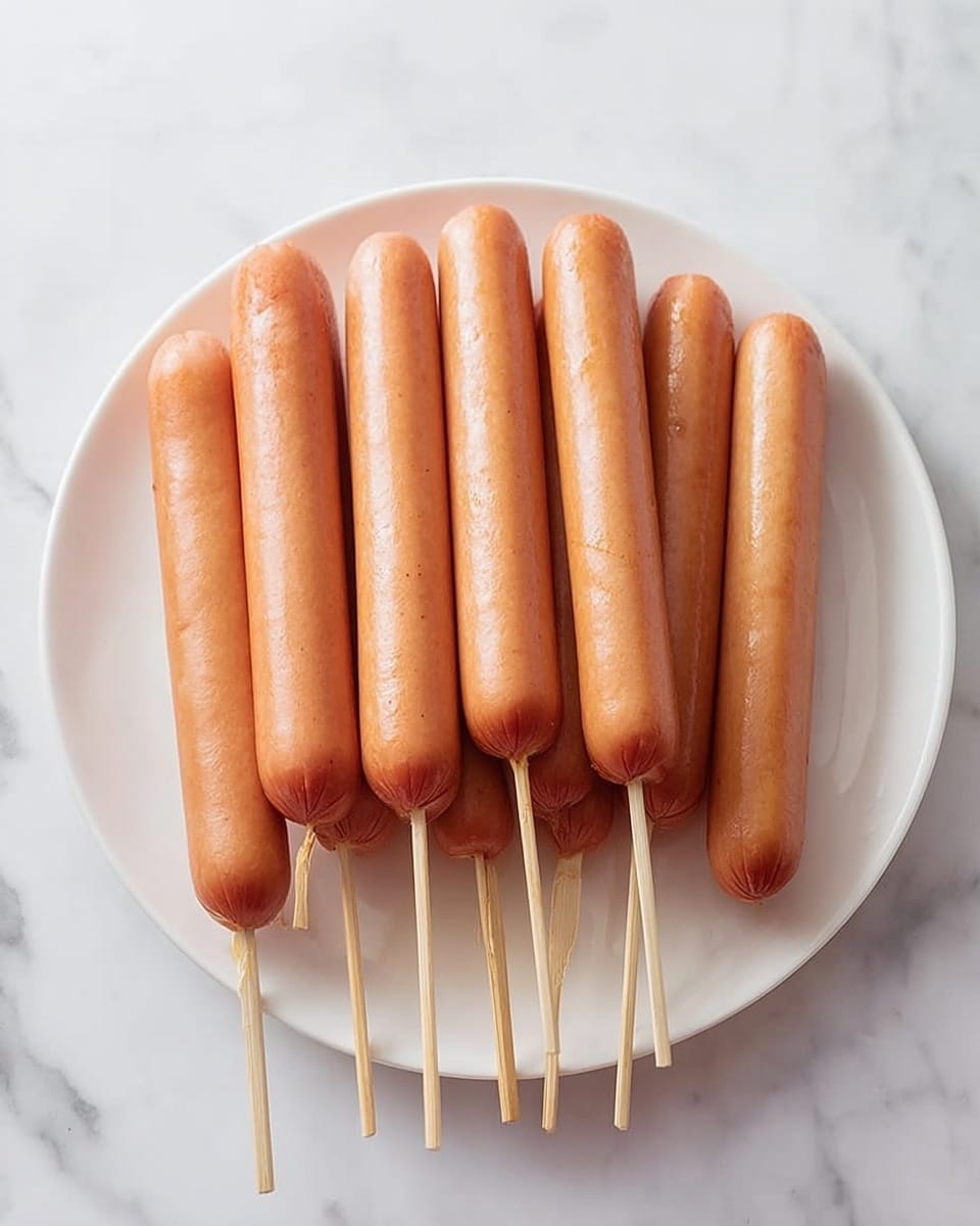 A white plate on a white marbled surface holds nine long hot dogs, each pierced with a light wooden stick from the bottom. The hot dogs are light brown with a smooth texture, aligned close together, slightly overlapping. The sticks extend evenly below the hot dogs, pointing downward. There is soft steam rising in the background, giving a fresh and warm feel. photo taken with an iphone --ar 4:5 --v 7