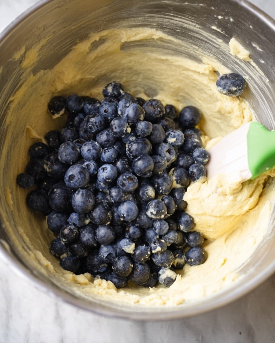 A close-up view of a silver mixing bowl filled with light yellow thick batter as the bottom layer, topped with a large pile of fresh dark blue blueberries scattered unevenly over the batter. A white spatula with a green tip rests inside the bowl, partially covered in batter. The silver bowl’s inside edges show streaks of batter, creating a textured look. The entire scene is set on a white marbled surface. photo taken with an iphone --ar 4:5 --v 7