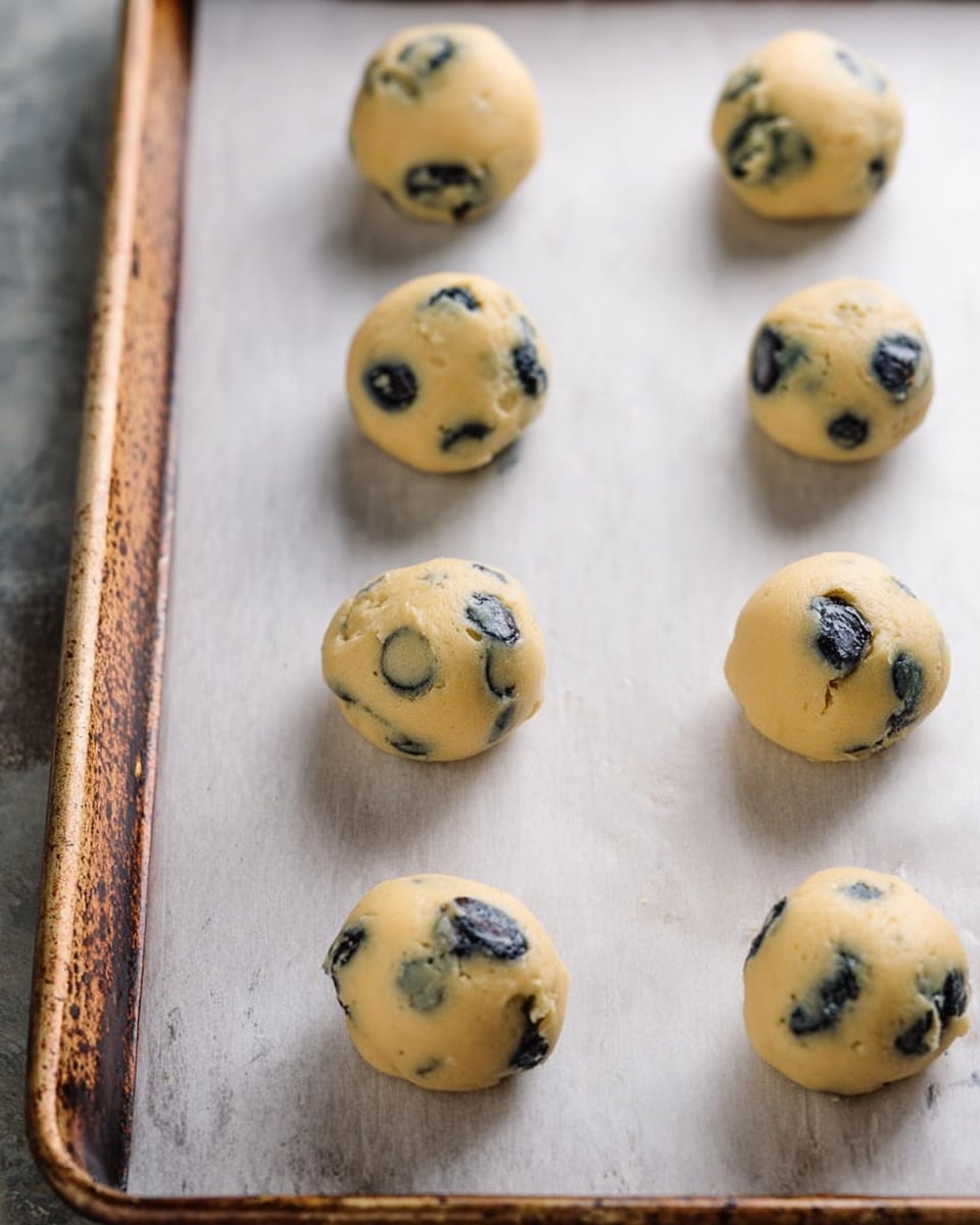 Eight round cookie dough balls with dark blueberries are placed in two loose rows on a sheet of white parchment paper. The dough is pale yellow and smooth with blueberries poking out, giving each ball a speckled look. The parchment paper lies on a rustic metal baking tray, which has some rust marks along the edges. The background is a white marbled texture. photo taken with an iphone --ar 4:5 --v 7