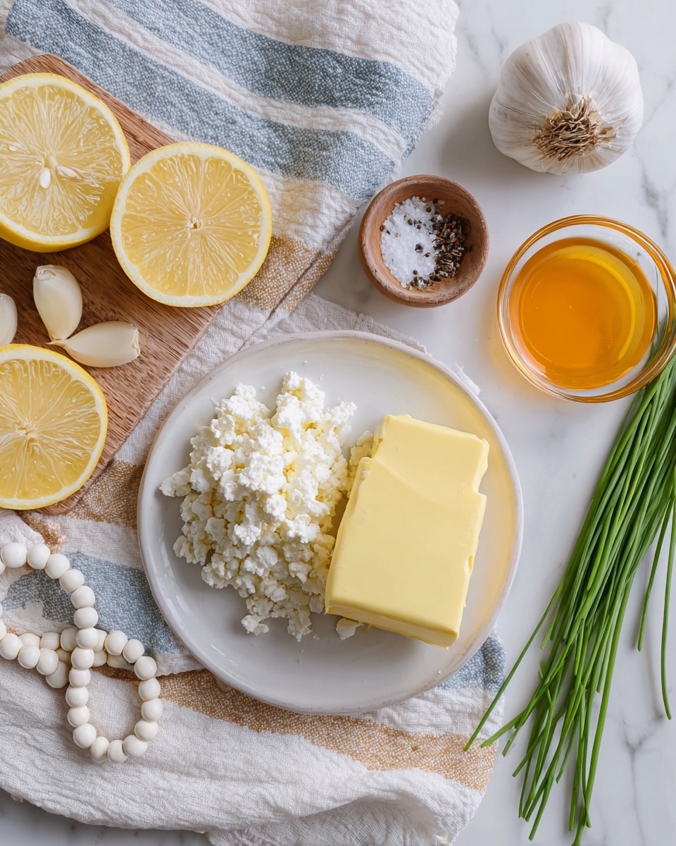 The image shows a white plate with two layers: on the left side, crumbly white cheese with a slightly uneven texture, and on the right side, a smooth block of yellow butter. The plate rests on a light cloth with blue and beige stripes. Nearby, there are two lemon halves with bright yellow, juicy interiors on the left. Above the lemons, there is a wooden trivet holding a whole garlic bulb in white with a light brown root, three peeled garlic cloves, and a small glass bowl filled with half white salt and half black pepper. To the right of the trivet is a small glass bowl containing golden honey. A bunch of fresh green chives lies on the cloth to the right, and white beaded necklace strands are partially visible on the cloth. The entire scene is set on a white marbled surface. photo taken with an iphone --ar 4:5 --v 7