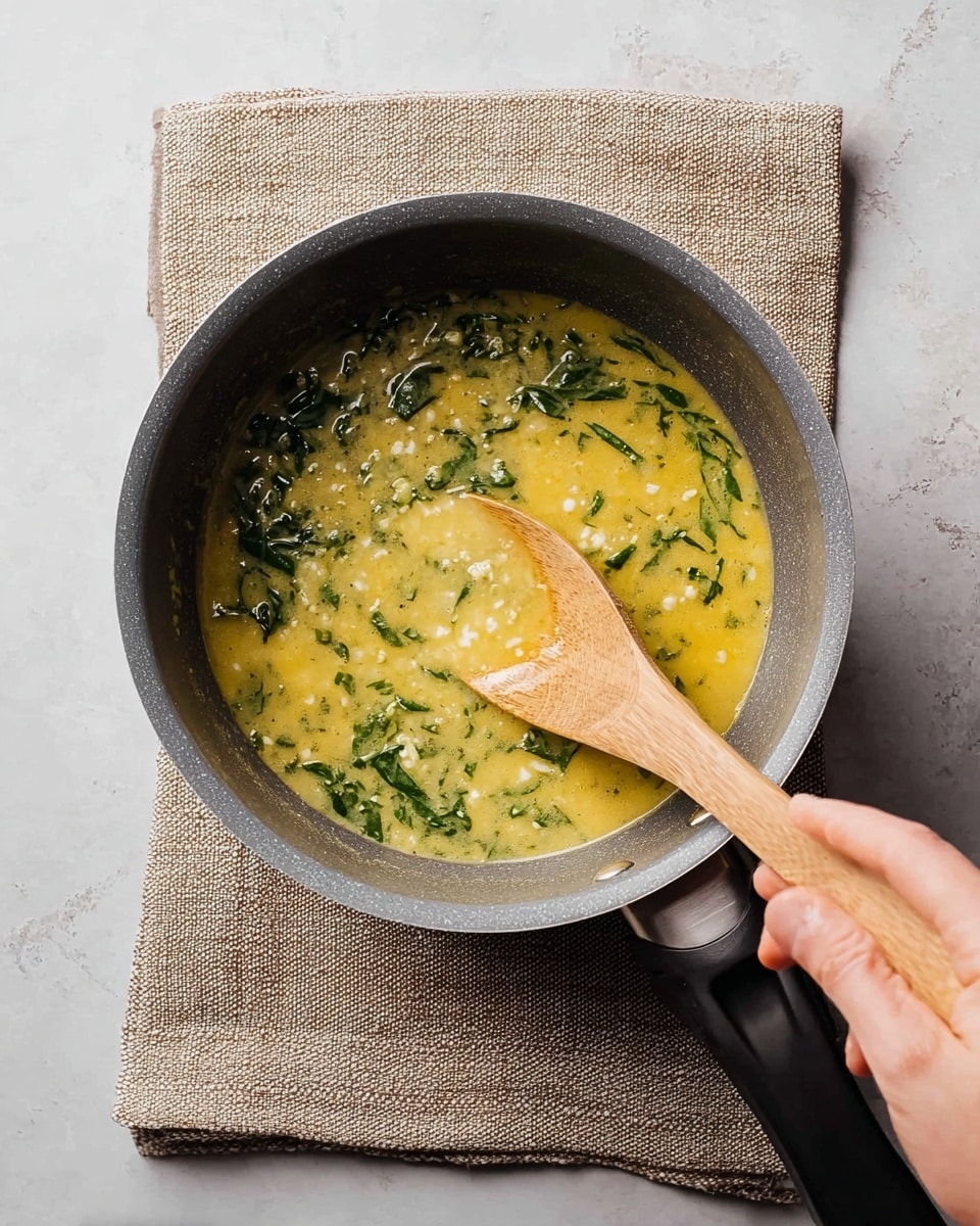 A grey non-stick pot is sitting on a light brown textured cloth over a white marbled surface. Inside the pot, there is a yellow sauce with visible small white bits and green leafy pieces mixed throughout, evenly spread in about one layer covering the pot’s bottom. A wooden spoon is stirring the sauce, held by a woman's hand coming from the bottom right corner. Photo taken with an iphone --ar 4:5 --v 7