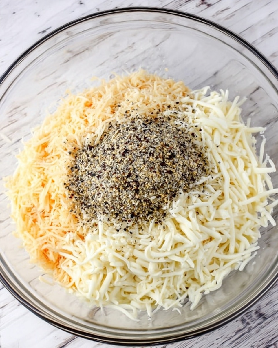 A clear glass bowl sits on a white marbled surface filled with three main layers of ingredients. On the bottom right is a pile of shredded mozzarella cheese, white in color with a soft texture. To the left is another heap of grated Parmesan cheese, pale yellow and finely textured. At the top center, there is a mound of seasoning mix with black, white, and light brown specks, sitting on top of the cheeses. The layers are separate and clearly visible inside the bowl. Photo taken with an iphone --ar 4:5 --v 7