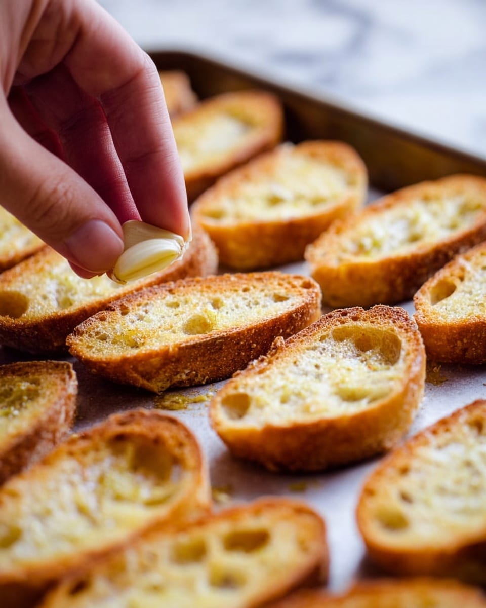 A close-up view of many slices of toasted bread arranged in rows on a baking tray. Each slice is golden brown with a crisp, crunchy texture and small air pockets on the surface. A woman's hand is seen holding a peeled clove of garlic above one slice, about to rub it into the bread’s slight indentation. The background shows more toasted bread slices out of focus on a white marbled surface. photo taken with an iphone --ar 4:5 --v 7