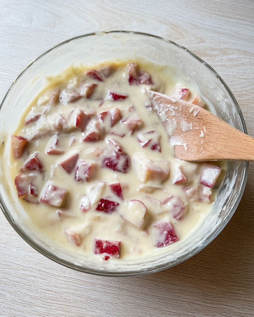 A clear glass bowl filled with a thick, creamy mixture that has many small, evenly cut pieces of red-skinned fruit mixed inside. The creamy mix is pale yellow and smooth, surrounding the chunky fruit pieces. A wooden spoon rests inside the bowl, coated with the creamy mixture on its flat edge. The bowl sits on a light wooden surface, and the scene is calm and simple with soft natural light. photo taken with an iphone --ar 4:5 --v 7