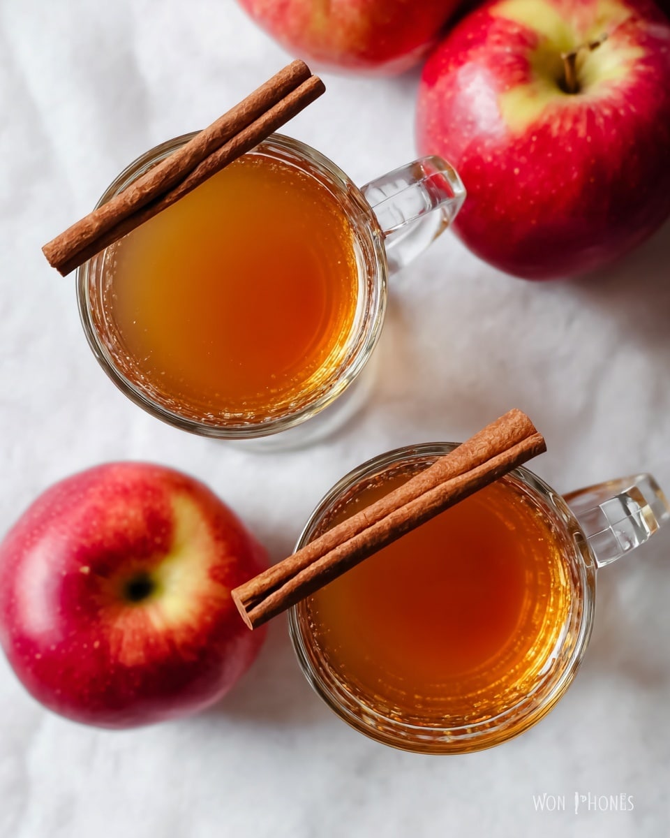 Two clear glass mugs filled with warm light brown liquid sit on a white marbled surface. The mugs have a smooth texture with a handle on the left side and a short stem with a round base. In the background, there are bright red apples on the right and a blurred black pot behind the mugs. The whole scene has soft, natural light, making the drink look inviting. photo taken with an iphone --ar 4:5 --v 7