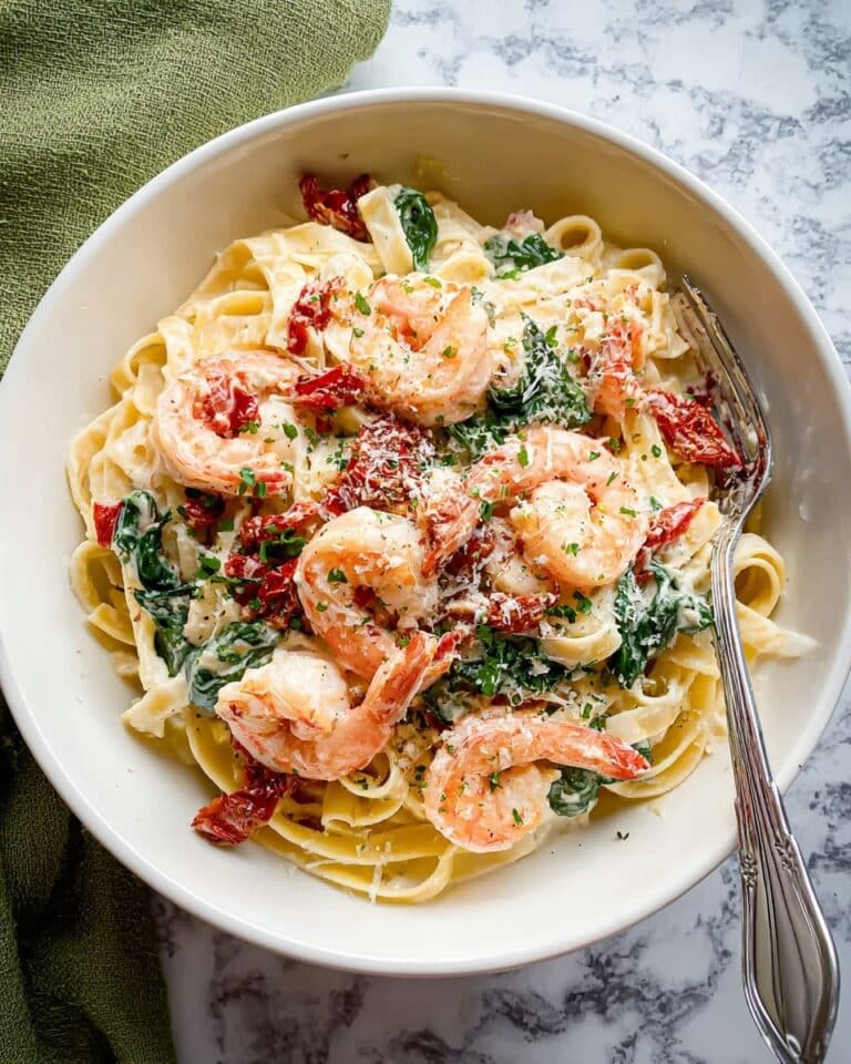 Shrimp Fettuccine with Cherry Tomatoes and Spinach in Creamy Garlic Sauce Recipe