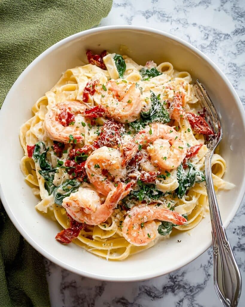 Shrimp Fettuccine with Cherry Tomatoes and Spinach in Creamy Garlic Sauce Recipe