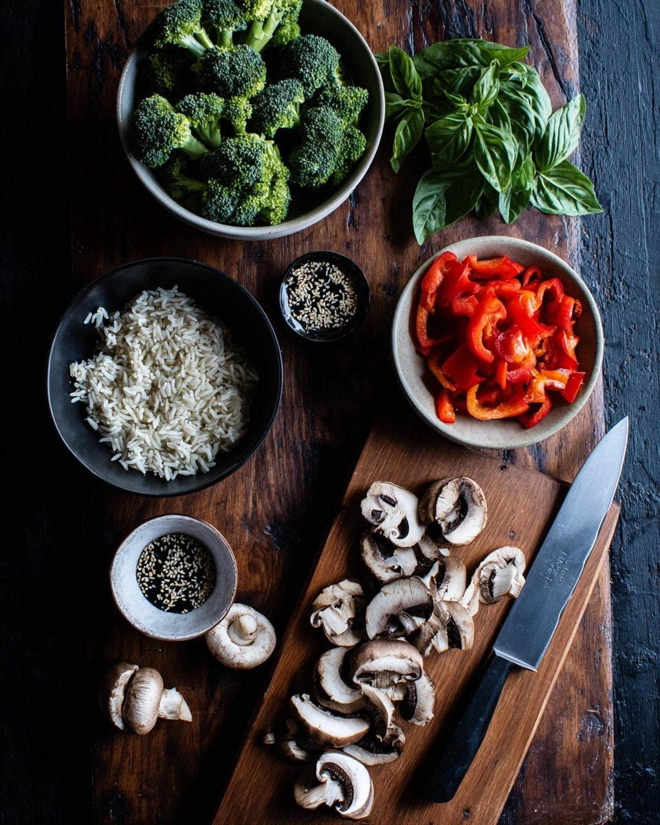 The image shows a top view of several food items on a dark wooden surface with a white marbled texture added. On the left, there is a white bowl filled with green broccoli florets and a bunch of dark green basil leaves above it. Below the bowl is a black bowl filled with white rice. To the right, there is a white bowl containing chopped bright red bell peppers. In the center, a small white bowl has mixed black and white sesame seeds. Five whole shiitake mushrooms lay around the bowls. On a wooden cutting board at the bottom right, there are multiple sliced shiitake mushrooms with a large knife resting on it. Photo taken with an iphone --ar 4:5 --v 7