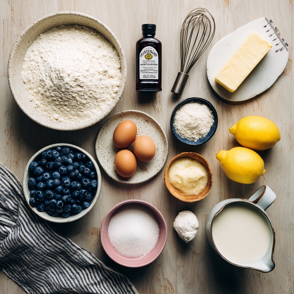 The image shows various baking ingredients arranged on a warm wooden surface with a white marbled texture background. The top left holds a white speckled bowl filled with white all-purpose flour and a whisk inside. Next to it is a dark bottle of vanilla extract and metal measuring spoons. Below the vanilla is a small light brown bowl with white raw sugar and baking powder. To the right, a stick of unsalted butter lies diagonally with measurement markings. Below that is a white speckled small round plate holding two brown eggs with speckles. On the bottom left is a dark bowl filled with fresh blueberries. Next to it is a pink bowl with white cane sugar. A small bowl with corn starch is near the pink bowl, while two bright yellow lemons sit beside them on the right. A small white pitcher filled with heavy cream sits near the bottom. A striped white and dark cloth is partially visible under the blueberries bowl. photo taken with an iphone --ar 4:5 --v 7