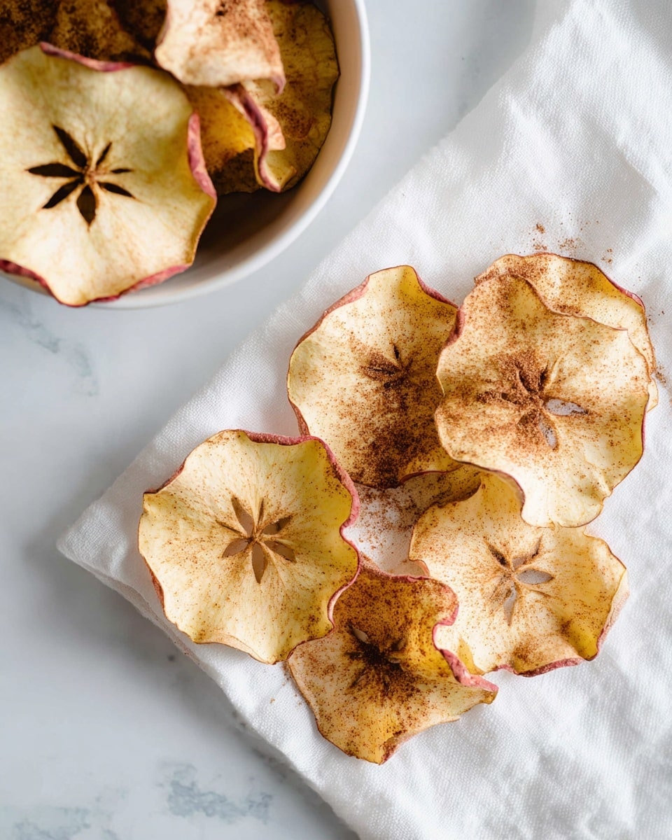 The image shows a group of thin apple chips scattered on a white cloth with a white marbled surface underneath. The apple chips have a light yellow color with reddish edges and are sprinkled with brown cinnamon powder. Some chips are placed inside a white bowl at the top left corner, while a few chips lie loosely on the cloth. The chips are slightly curled and have a dry, crisp texture with star-shaped patterns in the center where the apple core was removed. Photo taken with an iphone --ar 4:5 --v 7